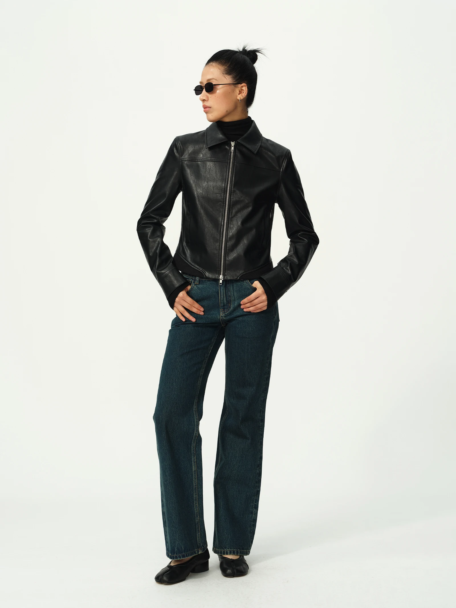 Jaqueta de Couro Retro para Motocicleta Evistub, Feminina, com Zíper, Ajuste no Ombro, Casaco de Couro PU para Outono e Inverno