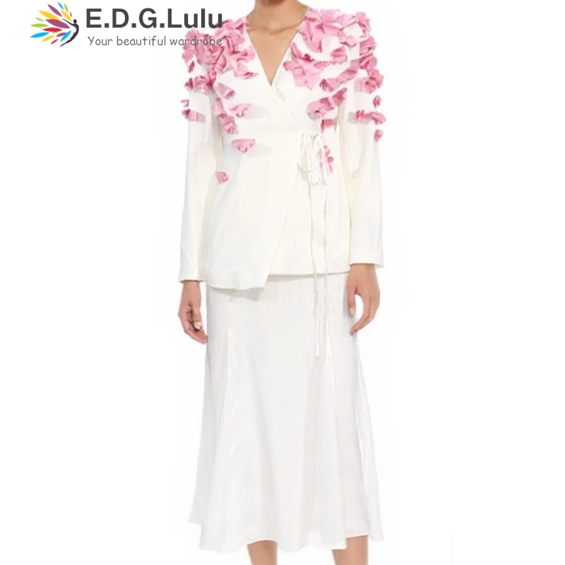 

EDGLuLu Two Piece Outfits Woman V-Neck 3d Flower Splicing Lace-Up Long Sleeves Suit Jacket+Long Mermaid Skirt White Set 0621