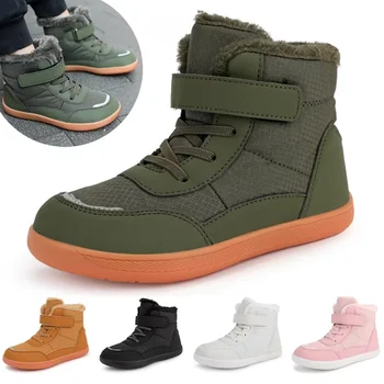 2024 חורף רחב נעליים יחפות לילדים ולבנות, מגפי שלג חמים מינימליסטי, קל משקל, ללא החלקה, מגפי הליכה שטוחים