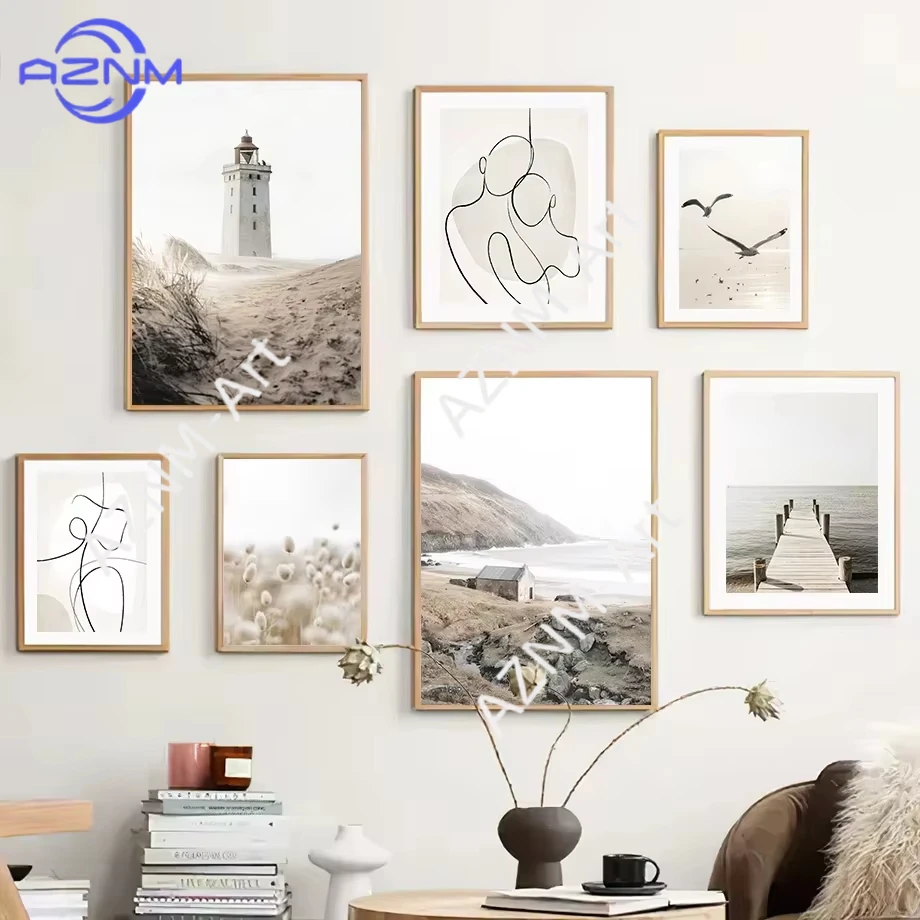 1Pc Beige Sea Grass Reed Dandelion Line Figures Canvas Posters And Prints Hotel Bar For Living Room Wall Art Decor