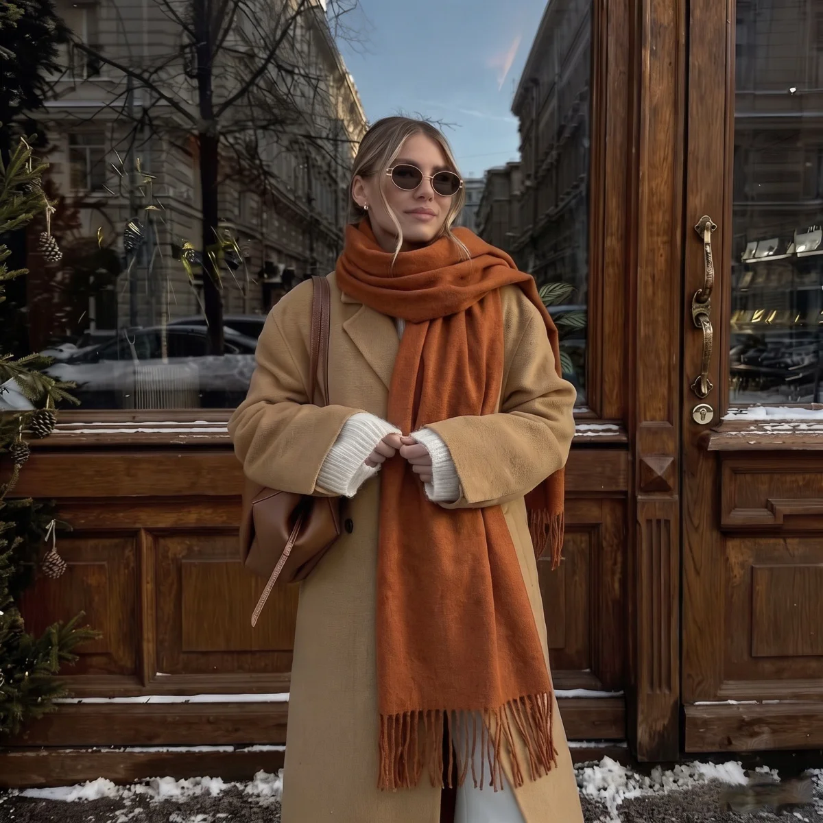 Women Camel Solid Scarf Winter Thick Warm Soft Tassel Fringe Shawl Wrap Maillard Street Scarves Casual Daily Fashion Accessory