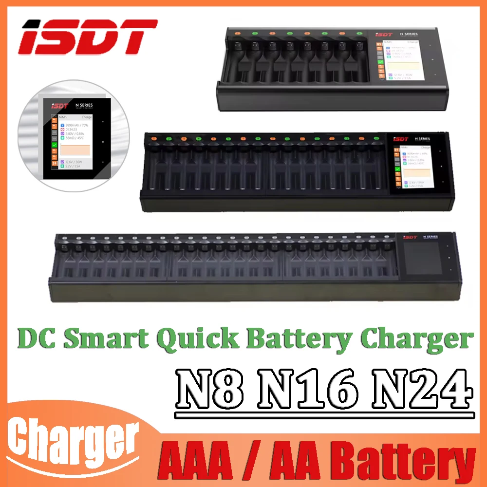 

ISDT N8 N16 N24 DC Smart Quick Battery Charger 5-12V ЖК-дисплей для AAA AA Battery LiIon LiHv Life NiMh Nicd USB Type-c Зарядное устройство