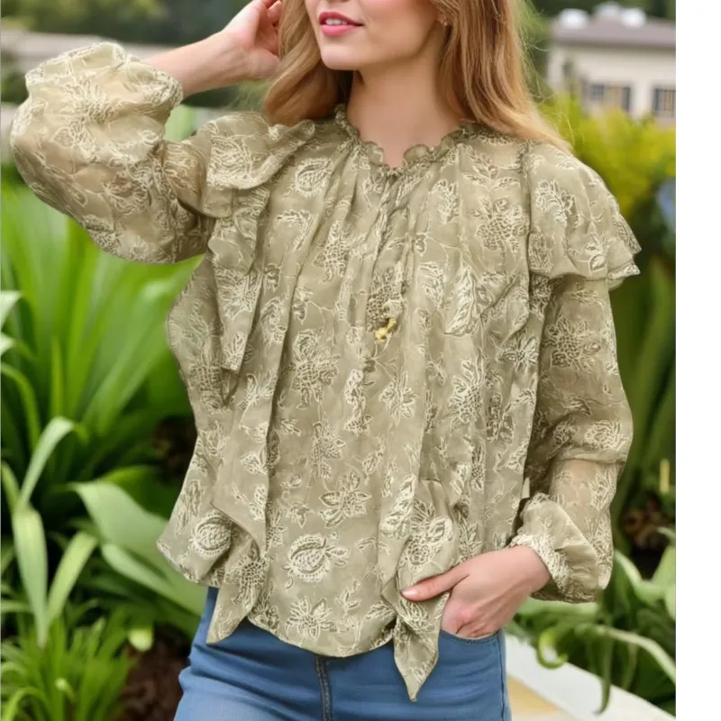 여성을위한 꽃 프린트 셔츠 패션 빈티지 프릴 레이스 업 루즈 블라우스 2025 뉴 여름 세련된 캐주얼 오 넥 긴 소매 셔츠