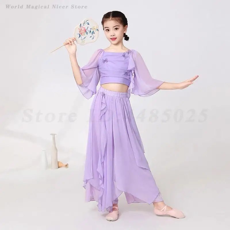 Kids Girls Classical Dance Costumes Chiffon Dancewear Fairy Daily Practice Dance Dress Chinese Style Hanfu Folk Yangko Clothes
