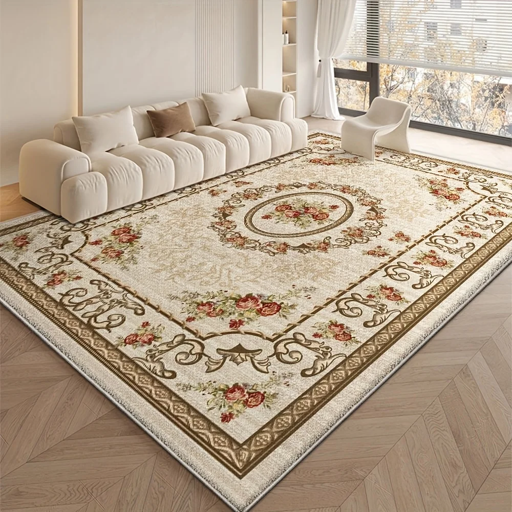 VIKAMA European Vintage Rose Area Rug Classic Ornate Floral Medallion Border Print Non‑Slip Washable Living Room Home Floor Mat