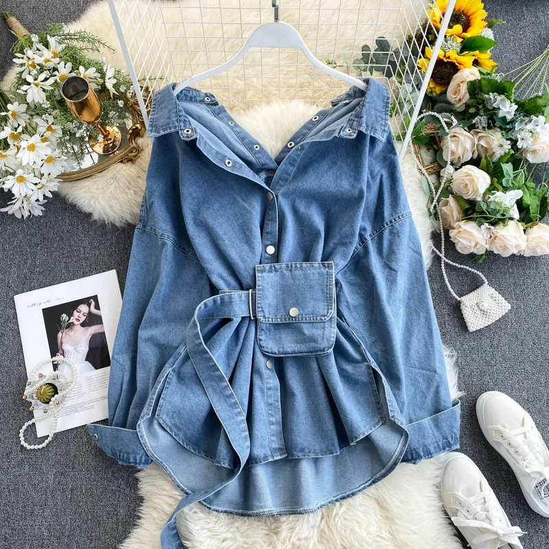 

Short-sleeved Women's Clothing Design Lace-up Waist and Back Wear More Bags Denim Shirts, Casual and Versatile