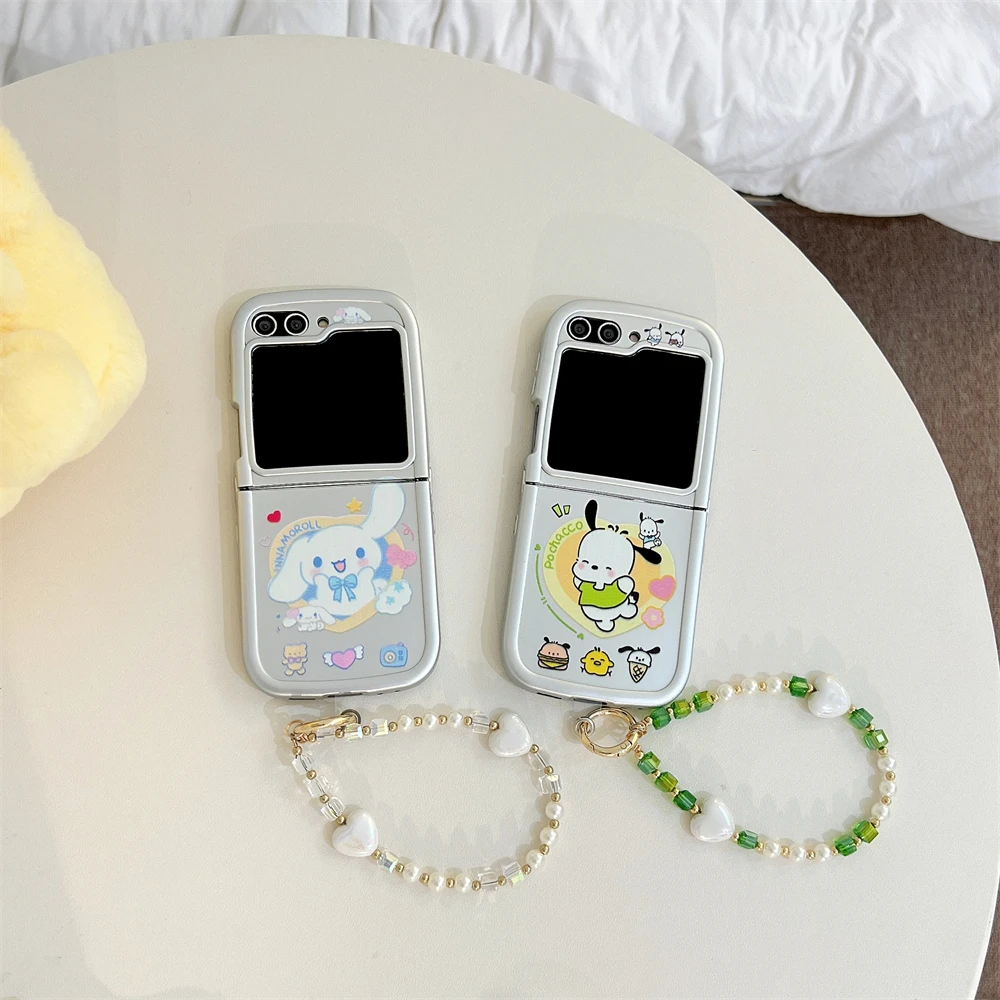 Sanrio Pochacco Cinnamon Hard Anti-drop Back Silver Plating Cover for Samsung Galaxy Z Flip 6/5/4/3 With Lanyard Phone Case