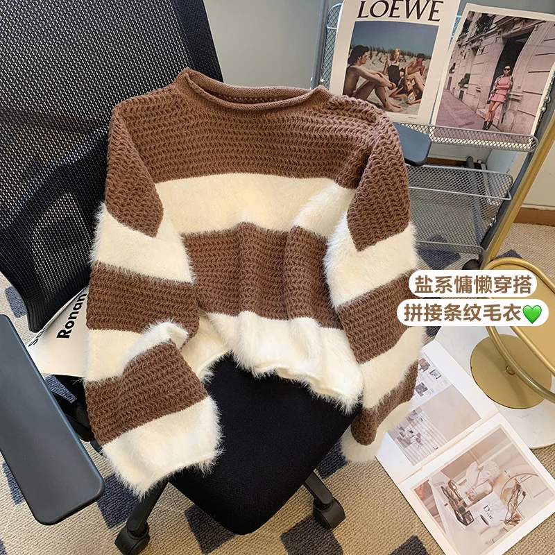 

Color Contrast Stripes Soft Waxy Pullover Sweater Women 2024 Autumn/Winter Lazy Mink Cashmere Design Sense Knit Chic Short Tops