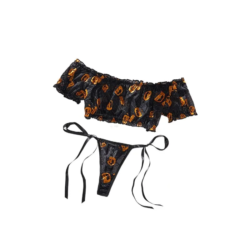 

Pumpkin Print Off-Shoulder Top with Tie-Up Thong, Halloween Cosplay Lingerie Set