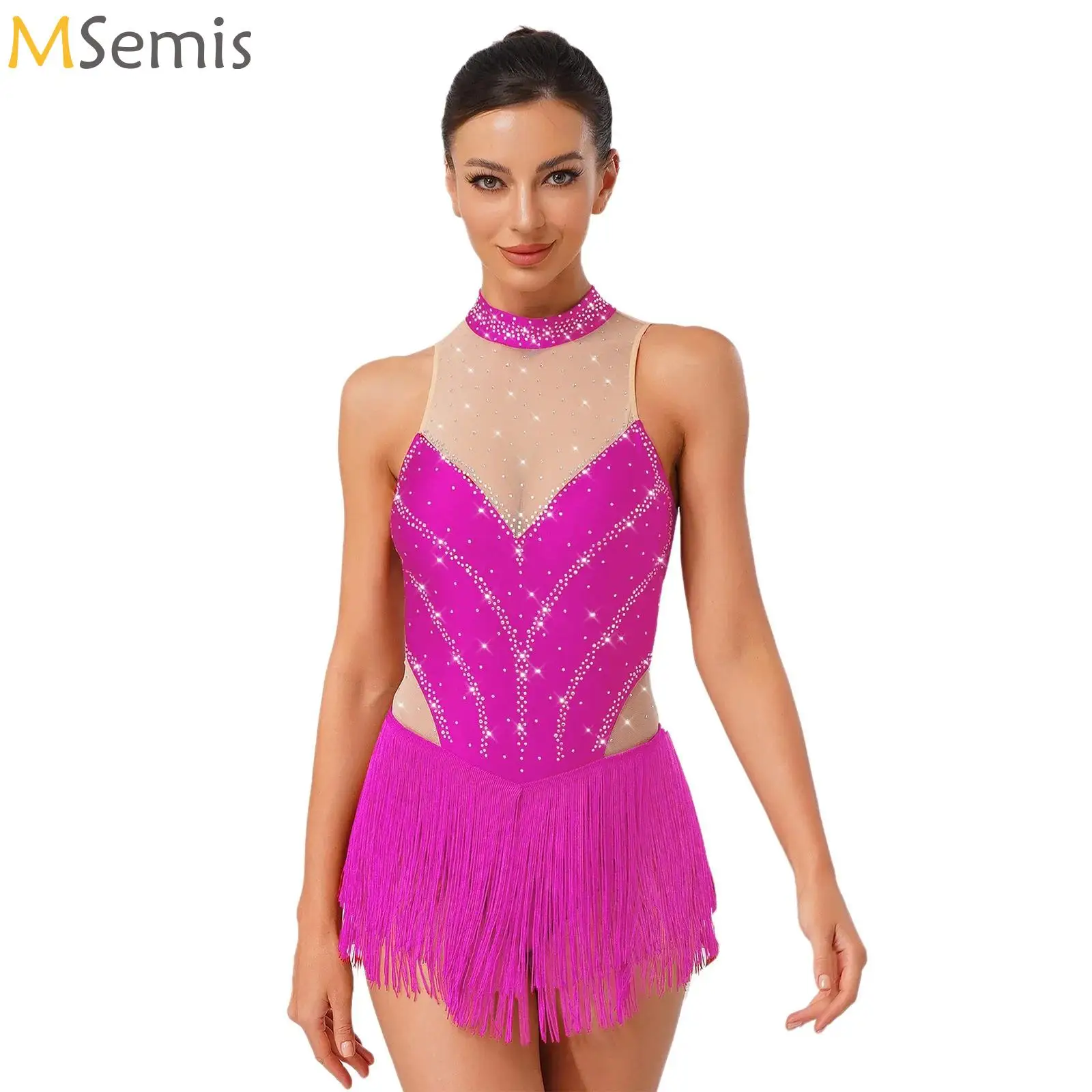 

Womens Latin Figure Skating Leotard Dress Sleeveless Tassel Fringe Waist Glittery Bodysuit Tango Chacha Dancewear Active Wear
