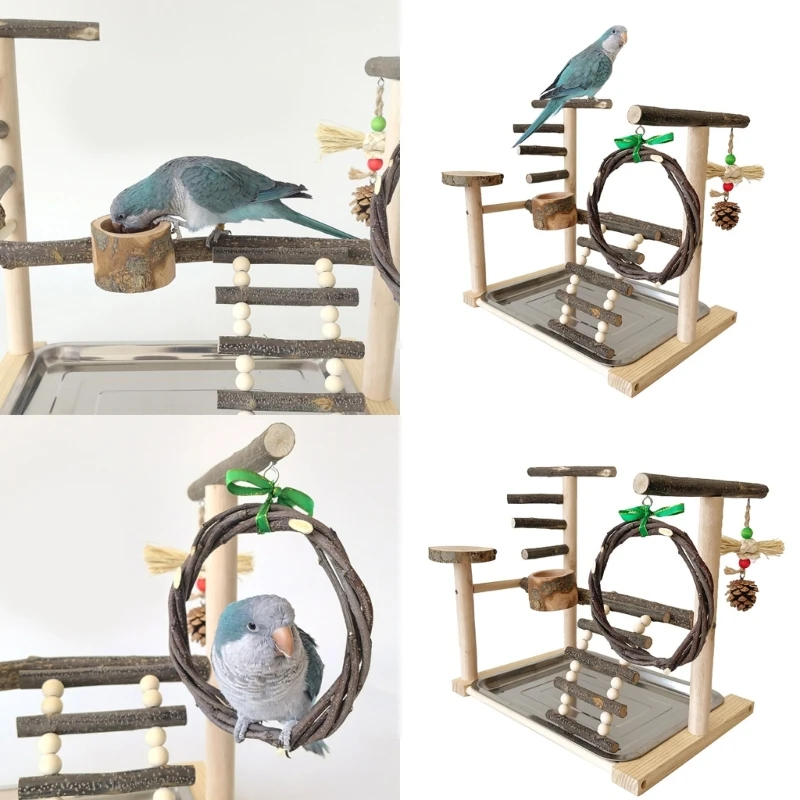 

Stable Pet Parrot Training Stand Parrot Bird Training Stand Bird Cage Perch with Feeding Cups Swing Standing Wood Toy