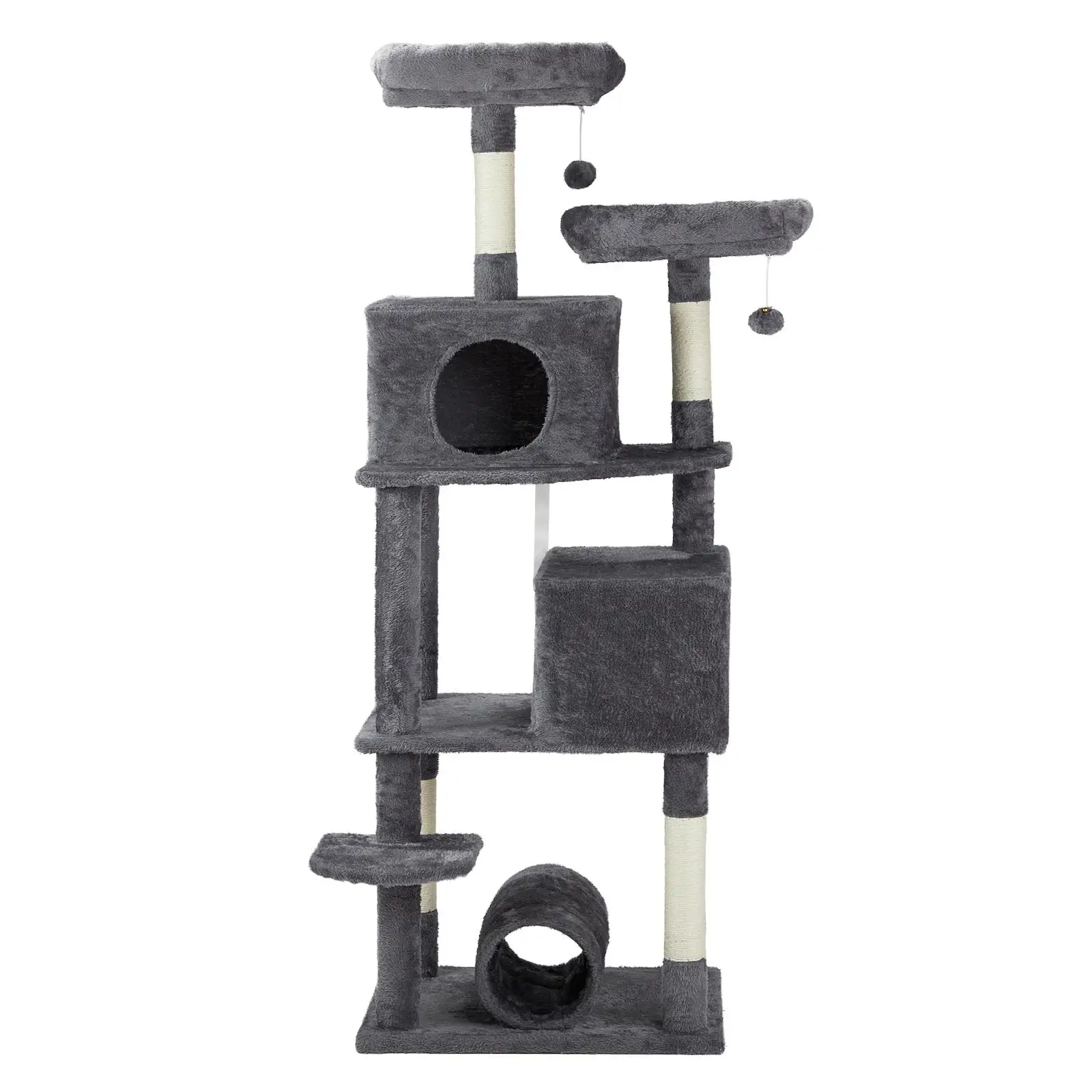 

65-Inch Multi-Level Cat Tree for - Cozy Condos, Padded Beds, Sisal Posts, Toy Balls & Play Tunnel - Dark Grey