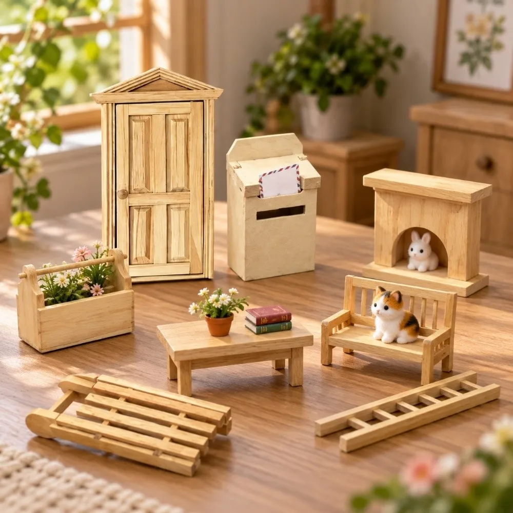Multi Styles Simulation Furniture Mini Cute Dollhouse Miniature Wood Door Miniature Scene Wooden Decoration DIY Accessories