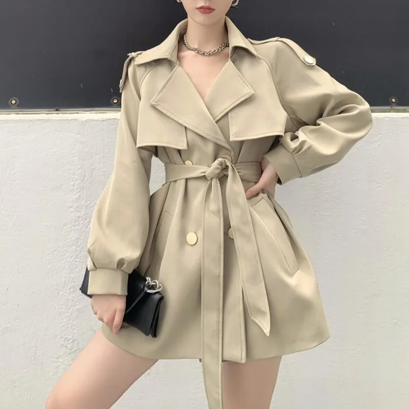 

Nice Pop Autumn Winter Khaki Women's Trench Coat Sashes Fashion Lantern Sleeve Double Breasted Casual Office OL Windbreaker