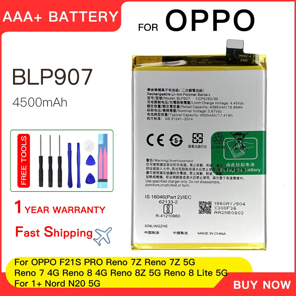 

Genuine 4500mAh BLP907 Battery For OPPO A96 / Reno7Z / Reno7 4G / F21 PRO for 1+ Nord N20 5G Batteries batteria+free tools