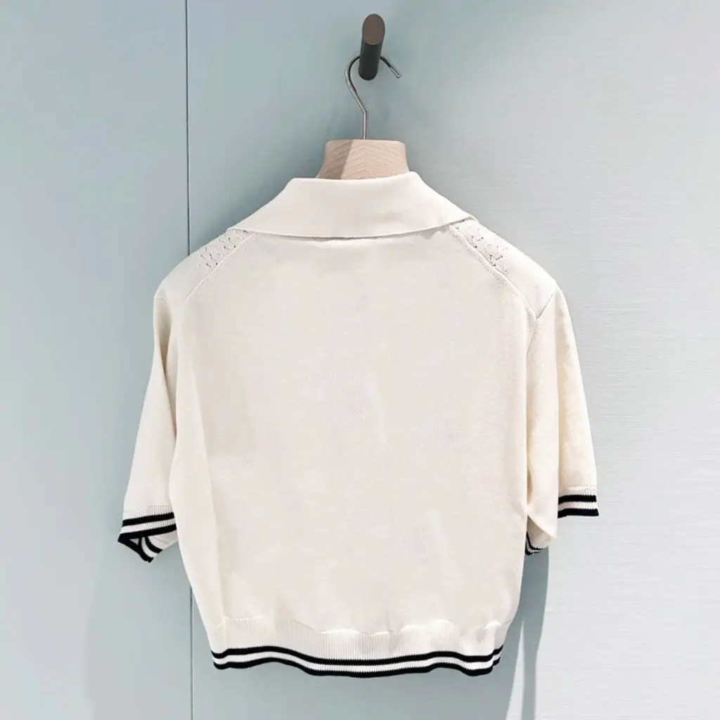 

Nanyou Haute Couture Miu Series 25, женский вязаный топ с короткими рукавами контрастного цвета с лацканами в студенческом стиле, модная одежда для поездок на работу