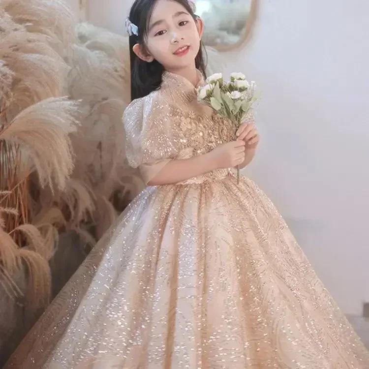 Flower Girl Dress Princess Dress 2024 New Champagne Color Little Girl Student Host Piano Performance Dress