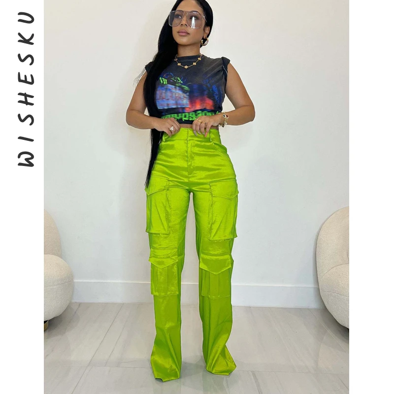 

Sexy Neon Green Cargo Pants Women High Waist Pocket Wide Leg Safari Trousers 2023 Spring Fall Harajuku Y2K Clothes