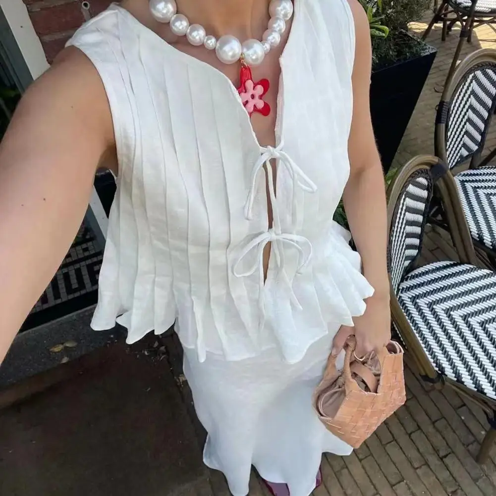 Women Commuter Style Suit Elegant Lace-up Top Maxi Skirt Set for Women Round Neck Outfit with High Waist Solid for Vacation