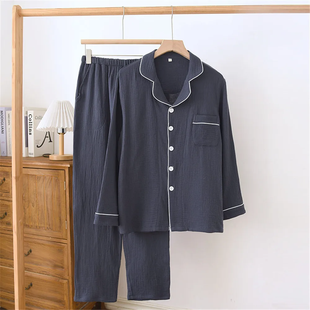 طقم بيجامات قميص بأكمام طويلة للرجال لربيع الخريف من القطن الرقيق غير الرسمي ملابس منزلية فضفاضة #4