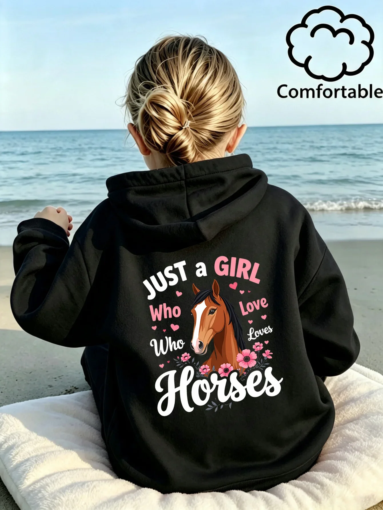 Kids Girls Black Horse Graphic Printed Hoodie Teen Just A Girl Who Loves Horses Sweatshirt Loose Back Print Autumn Top