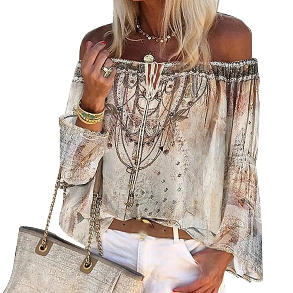 Donna Vintage Flare manica lunga con spalle scoperte stampa floreale scava fuori camicetta con lacci camicia Top camicette da ufficio da donna coult