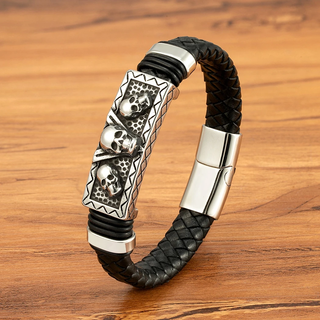 XQNI 3 Designs Skeleton Bracelets Punk Rock Skull Magnetic Buckle Stainless Steel Rope Weaving Jewelry Gifts For Men Daily Wear
