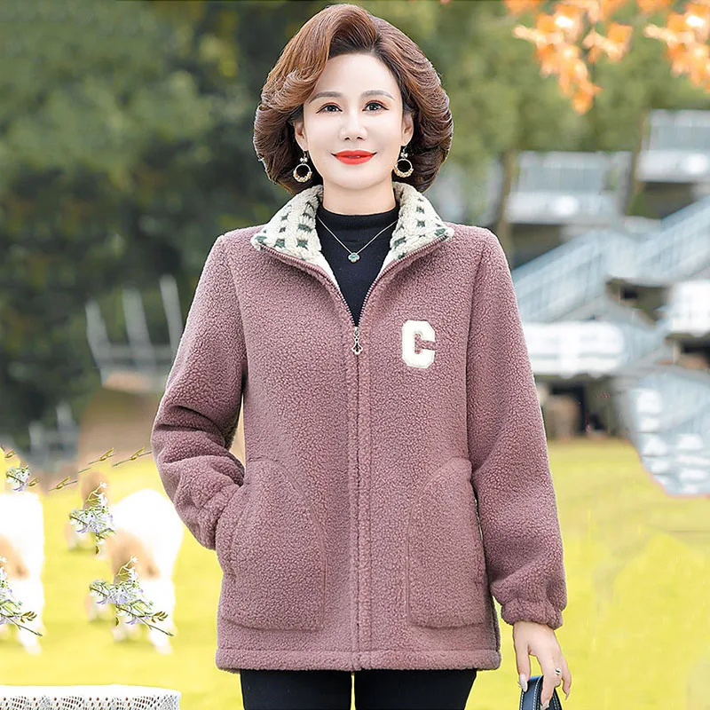 Autumn And Winter Fashion Lambswool Coat Middle-aged And Elderly Loose Double-sided Velvet Super Thick Warm Cotton-Padded Coat.