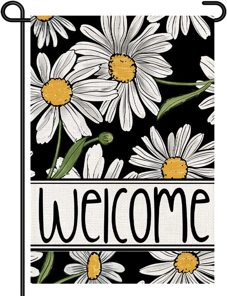 Banderola de jardín Welcome Daisy de 12x18 pulgadas, de doble cara, con diseño floral en blanco y negro, decoración para exteriores, para primavera, verano, porche, patio, jardín YYQ