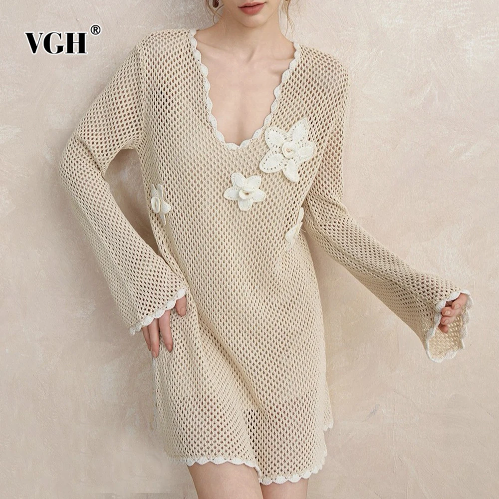 

VGH Loose Casual Hollow Out Spliced Appliques Solid Dresses For Women Round Neck Loog Sleeve High Waist Sexy Dress Female New