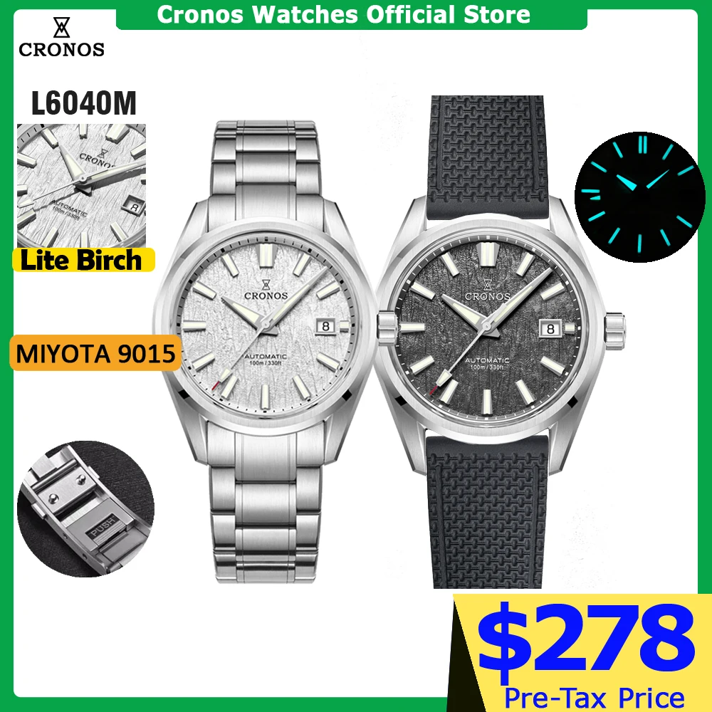 Reloj Cronos para hombre, 39mm, movimiento automático Miyota 9015, esfera blanca, patrón de abedul, eslabones sólidos, zafiro, 10 ATM, L6040M