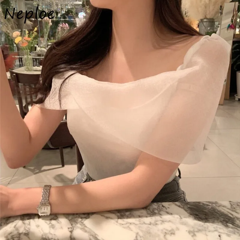 Neploe Elegant Romantic See Through Mesh T-shirts Y2k Sexy Off Shoulder Tops Women 2024 Summer New Short Sleeve Blouses