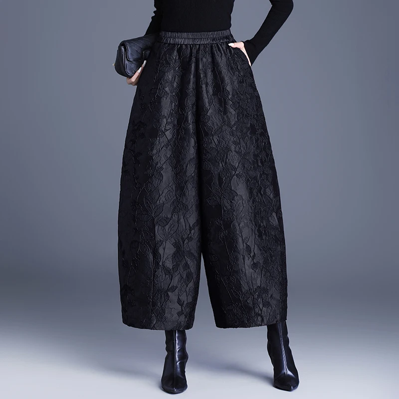 Autumn Winter Women's Casual Wide Leg Pants High Waist Cotton Floral Embossing Padded Ankle Length Bloomer Pants