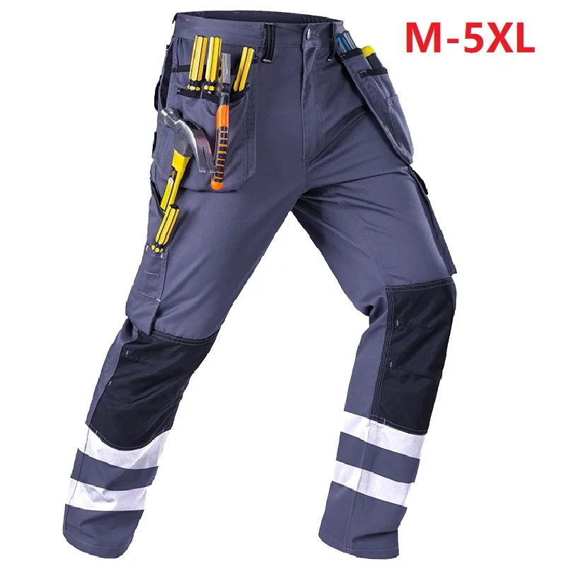 Working Clothing Men’s HI VIS Black Mechanic Pants Craftsman Worker Trousers Reflective Stripe Wear Resistant Workwear Uniform