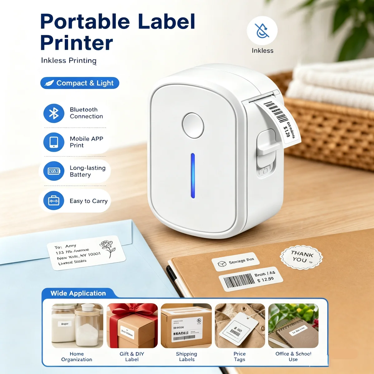 Portable Mini Printer Thermal Label Printer Mini Printer Bluetooth Wireless Thermal Printer Sticker Maker Adhesive Mini Labeling