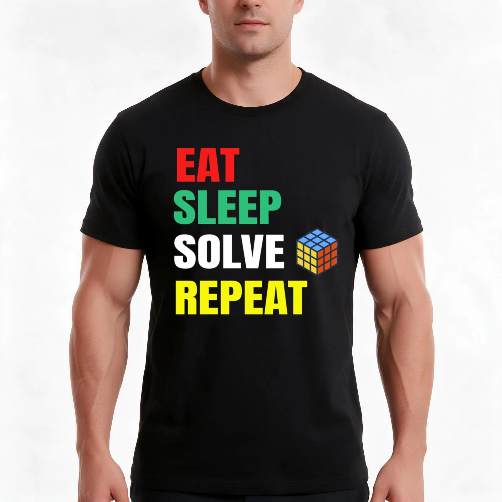 Eat Sleep Solve Repeat Speed Cubing Puzzle Cube T-Shirt, Summer Casual Cotton Tee, Oversized Streetwear Tops, Unisex Men Women
