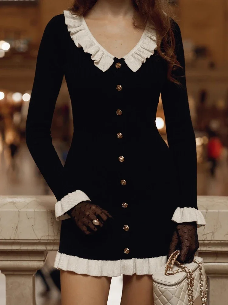 

Fmxires New Elegance Knitted Ruffle Dress For Women V-Neck Long-Sleeve Charm Slim Fashion Party Dress Evening Female Short Dress