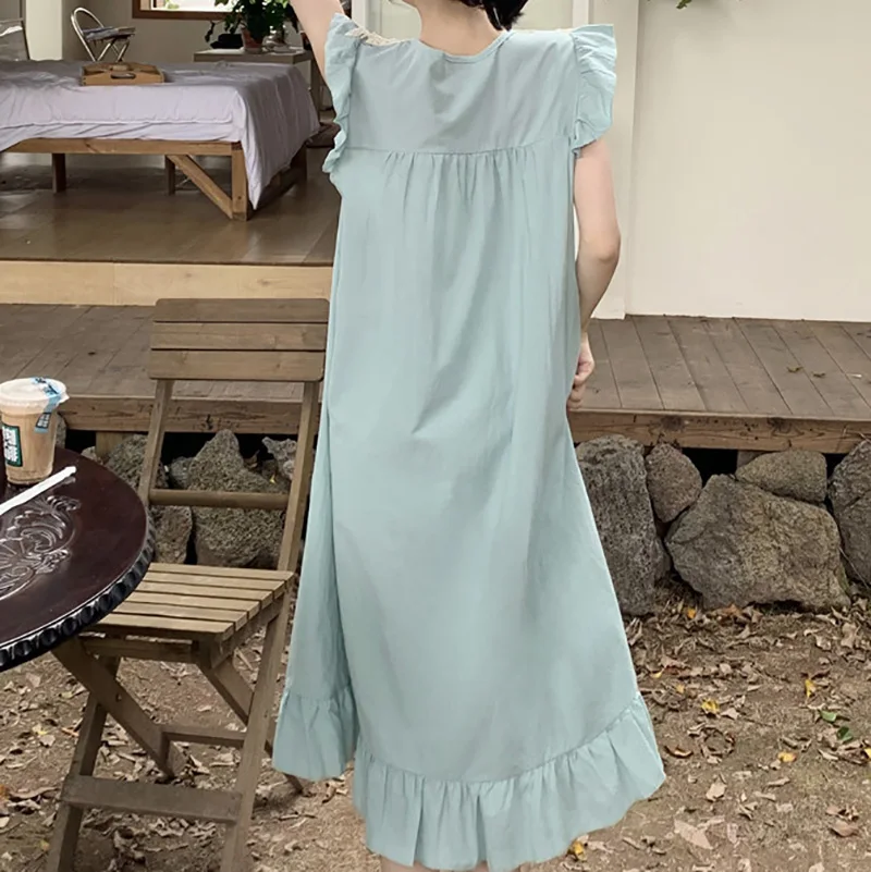 Korean Japan Cotton Sleepwear for Women Sweet Lace Ladies Ruffle Edge Flying Sleeves Home Clothes Pajamas Long Skirts 3