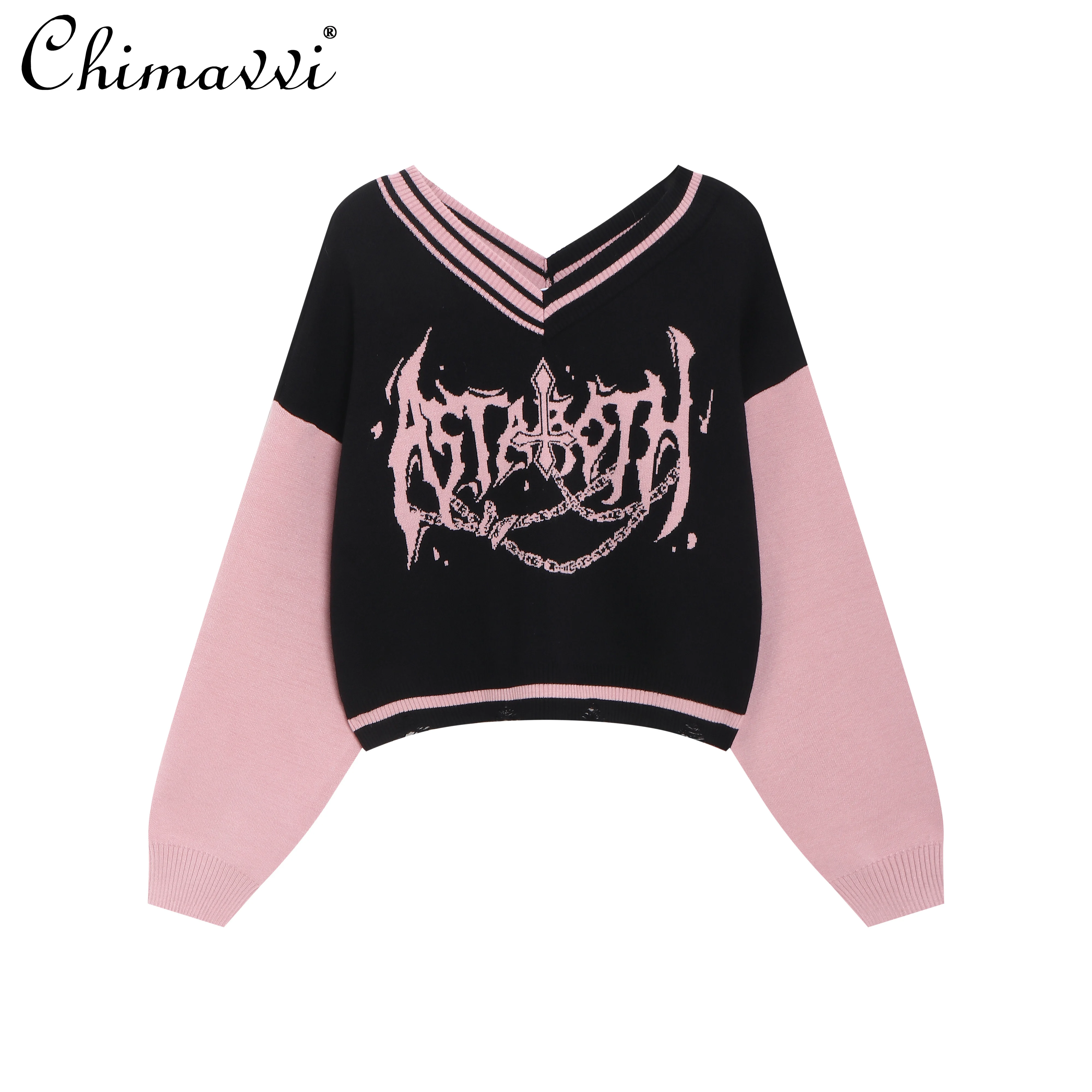 

Original Y2K Sweet Black Pink V-neck Sweater Autumn and Winter New Fashion Girly Style Long Sleeve Elegant Lady's Pullover Tops