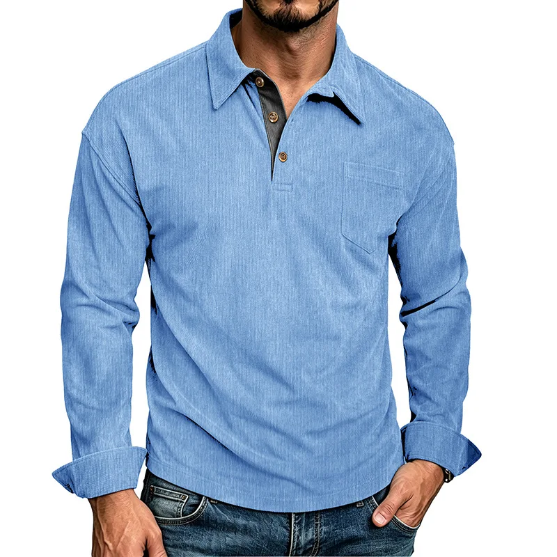 Men's Cotton Corduroy Long Sleeve Polo Shirts Turndown Collar Business Casual Polos American Style Loose Daily Breathable Tops