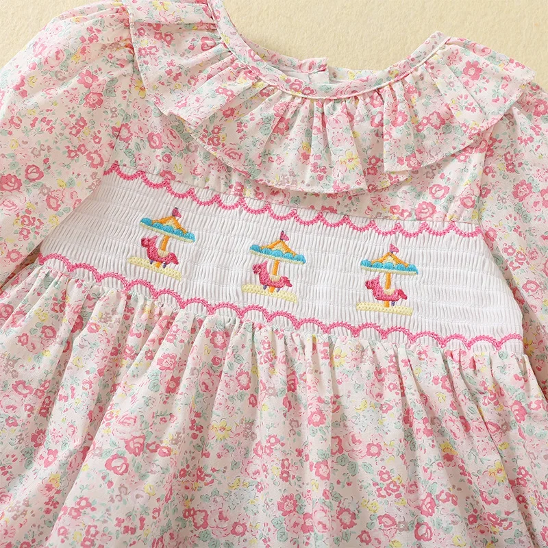 2024 Kids Vintage Handmade Embroidery Boutique Smocked Dress Princess Floral Clothes for Girls Children Matching Autumn Outfit