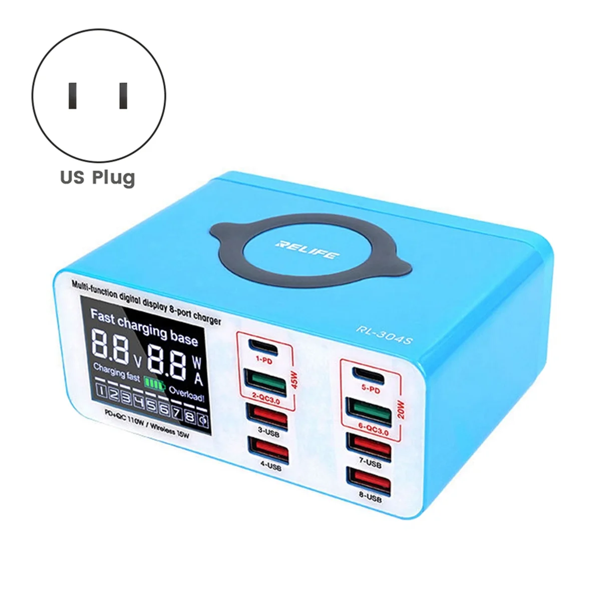 RELIFE RL-304S Smart 8+1Port USB Digital Display Charger for All Mobile Phones and Tablet Charging US Plug