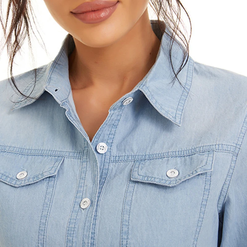 Streetwear Light Blue Cotton Thin Basic Shirts Jeans Woman 2024 Spring Long Sleeve Denim Blouses Ladies Tops Clothes