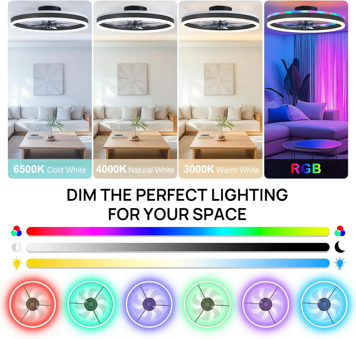 مروحة سقف ذكية RGB مروحة 6 سرعات + تأثير السماء المرصعة بالنجوم، ضوء مروحة سقف حديث ومنخفض المفتاح مع أضواء LED #3