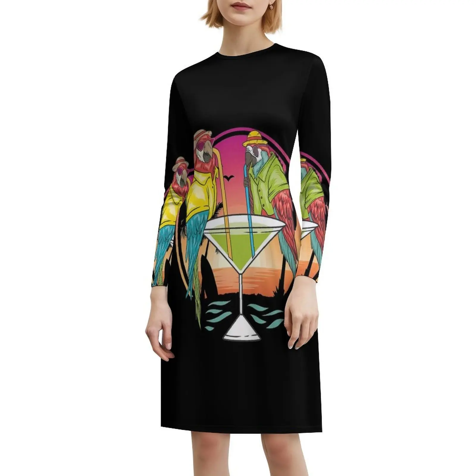 الببغاوات شرب مارغريتا في عطلة الصيف الطيور متعة الأزهار سموك فستان للنساء الربيع الصيف فستان كاجوال للحزب