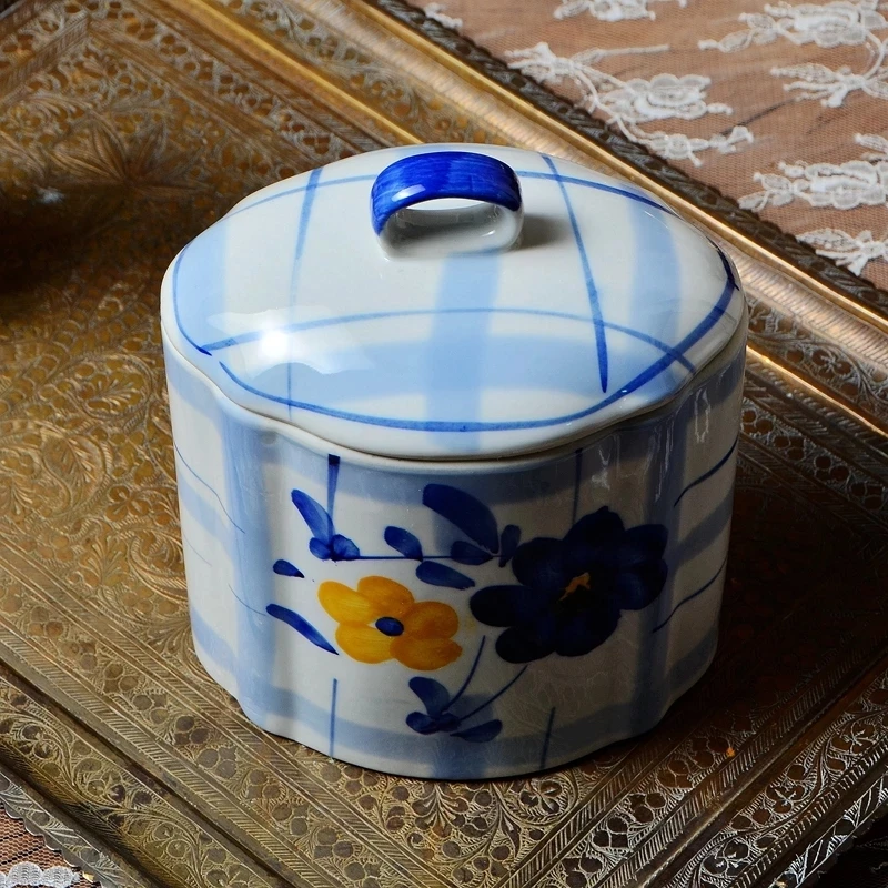 Hand Painting Blue Grapefruit Ceramic Large Storage Tank Cereals Large Storage Tank Home Kitchen with Lid Big Jar