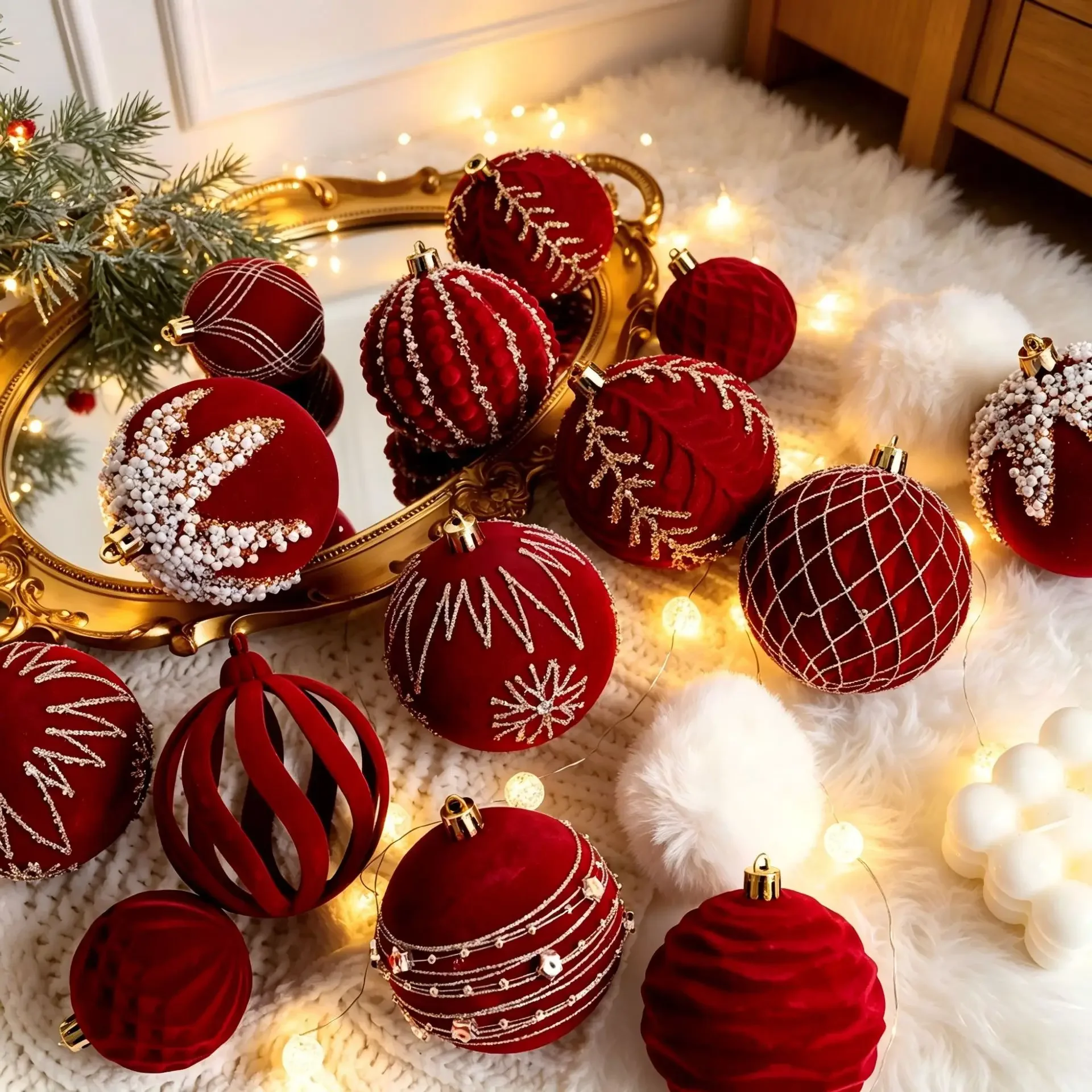 Creative Velvet Christmas Ornaments Set, Xmas Balls Baubles with Gold Glitter Pattern for Christmas Tree Holiday Home