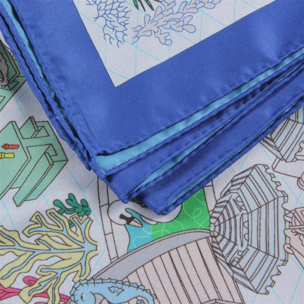 POBING اليد توالت حك وشاح حريري المرأة عجلة مزدوجة مطبوعة أوشحة مربعة يلتف Echarpes Foulards فام الحجاب 90 سنتيمتر #6