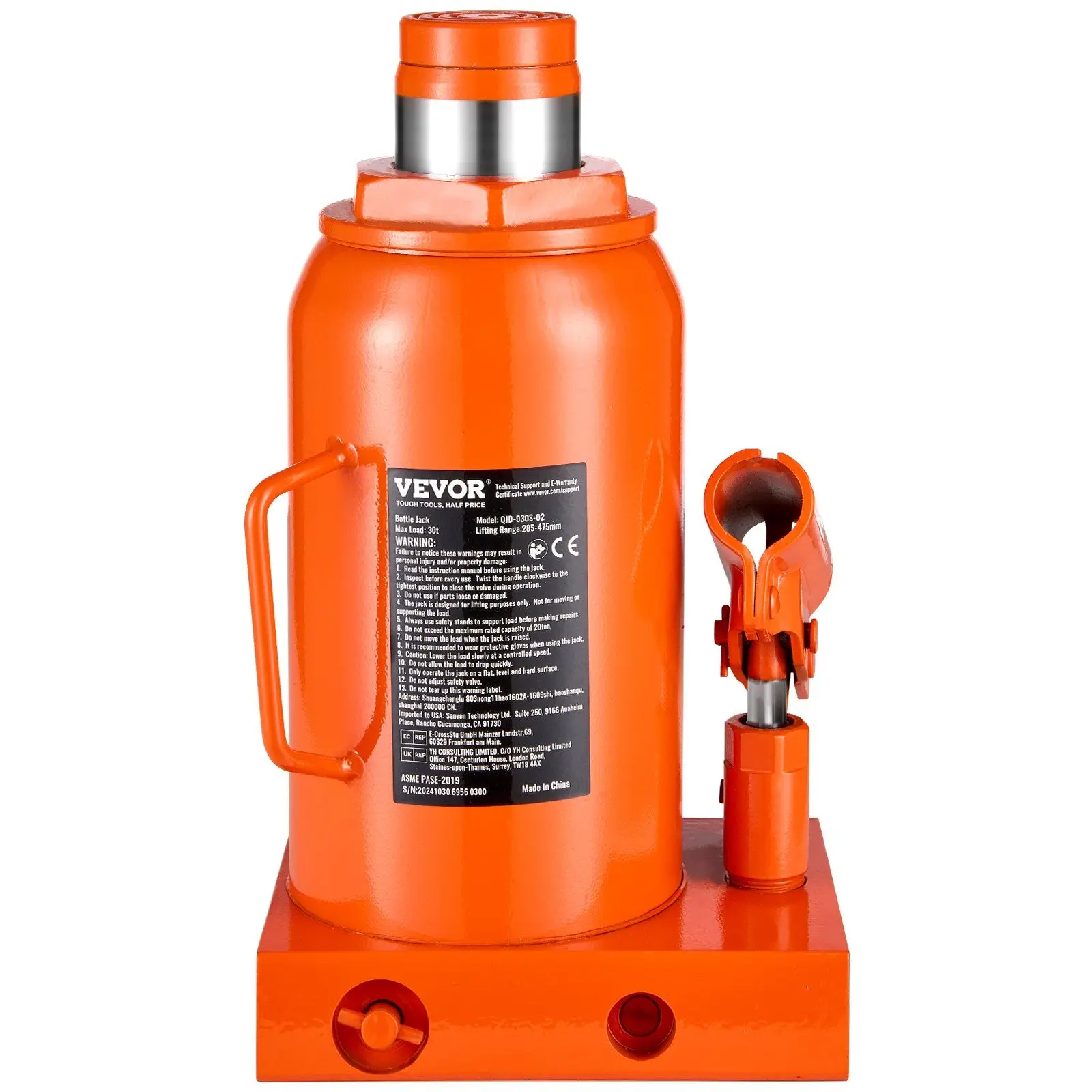 

30 Ton Hydraulic Bottle Jack 66138 lbs with 11.22-18.66 Inch Lift Range 3-Section Handle for Car Truck RV