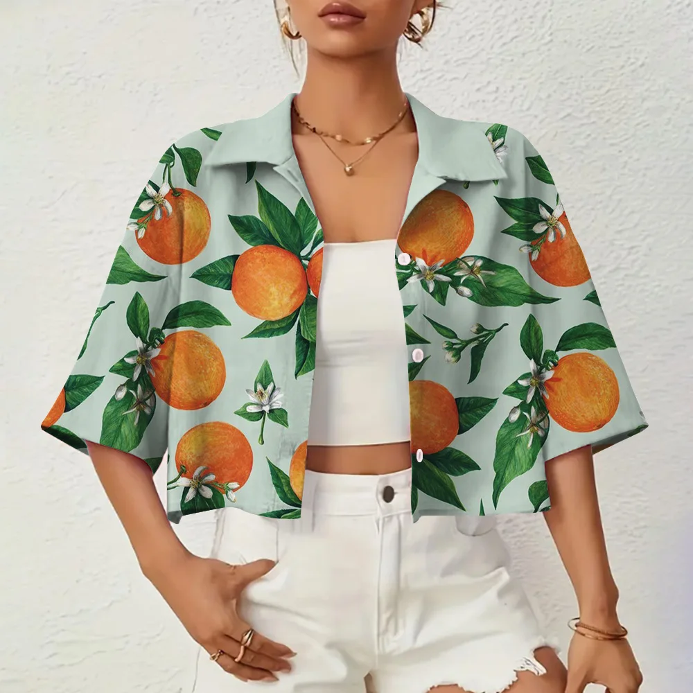 Refreshing Lemon Print Women's Shirt Daily Leisure Women's Sumer Clothes Shirts & Blouses Top Short Sleeve Button Front Blouse